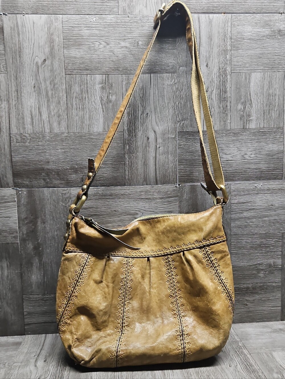 Fossil Genuine Leather Brown Shoulder Bag Embossed Flower